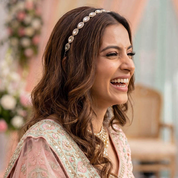 Gold-Plated Kundan, Polki and Pearls Studded Almond-shaped Head Chain