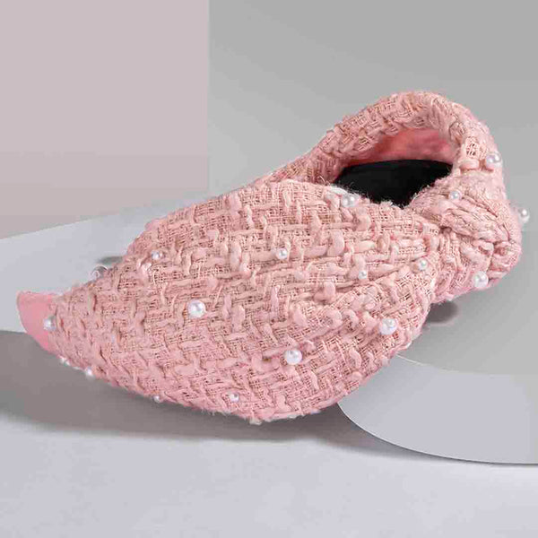 Light Pink Tweed Knotted Hair Band With Pearls