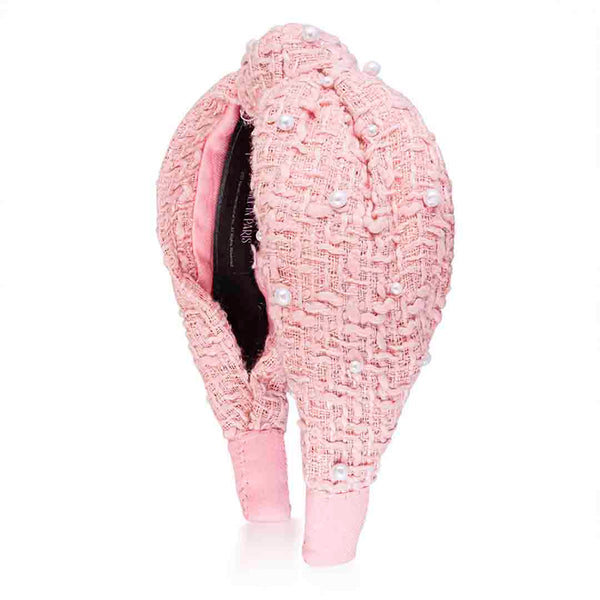 Light Pink Tweed Knotted Hair Band With Pearls
