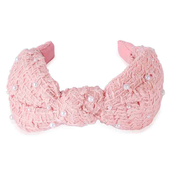 Light Pink Tweed Knotted Hair Band With Pearls