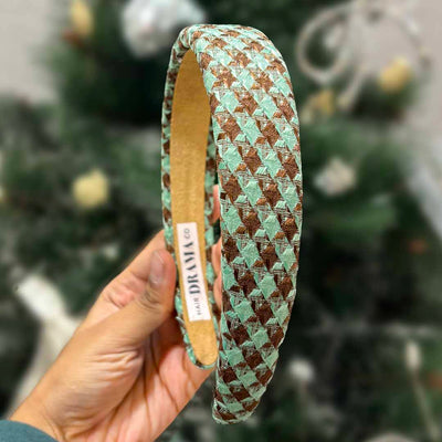 Houndstooth Puff Hair Band- Green & Brown