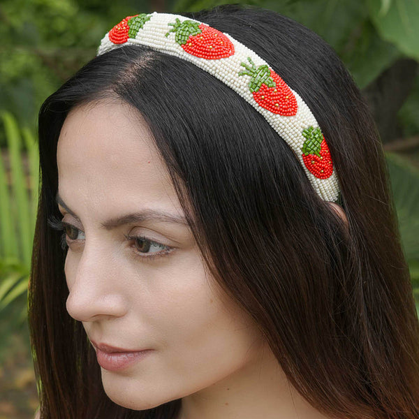 Strawberry Embroidered Hairband - Red