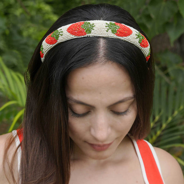 Strawberry Embroidered Hairband - Red