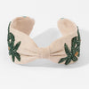 Knotted Tropical headband - hand-beaded emerald palms and gold sequins on beige linen base