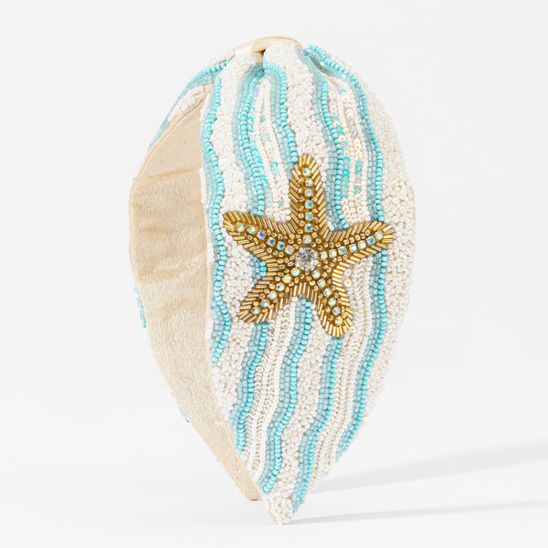 Hand-beaded gold starfish hairband with iridescent pearl and powder blue wave beadwork - crystal accents