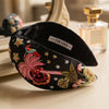 Bird embroidered headband - vibrant hand-beaded tropical design on black satin