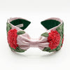 Embroidered rose knotted headband with hand-beaded pink and green florals - couture-inspired finish