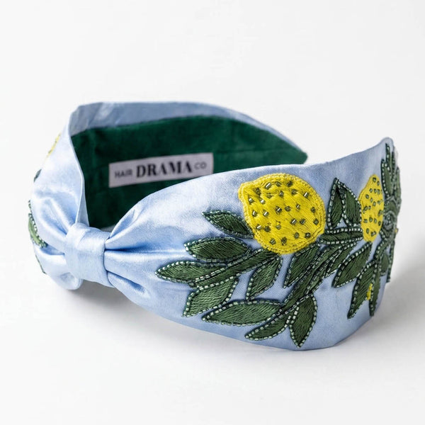 Structured embroidered headband for thick and fine hair - lemon motifs on sky-blue satin