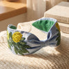 Lemon embroidered headband - bright citrus beadwork on sky-blue satin base