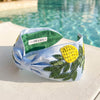 Embellished lemon headband with hand-beaded citrus motifs and green embroidery on sky-blue satin
