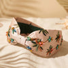 Tropical headband with hand-embroidered palms and colorful beadwork on beige satin base