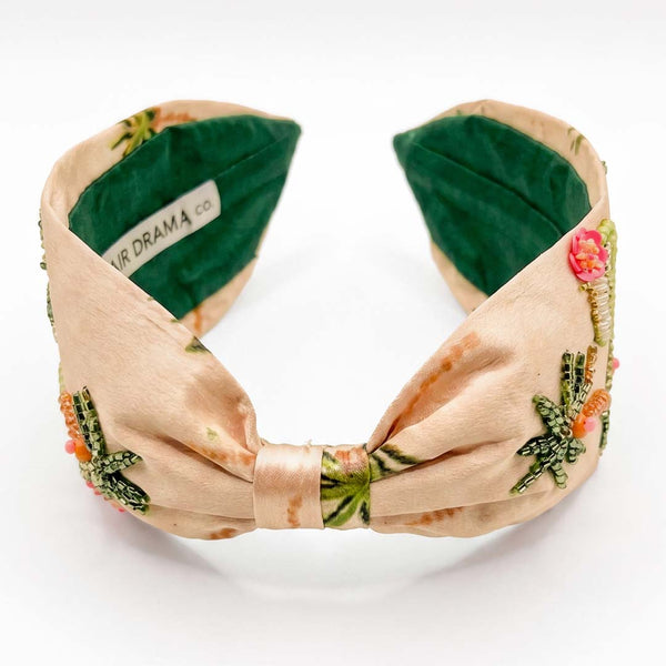 Embroidered tropical headband with velvet lining - beaded palm trees on peach fabric