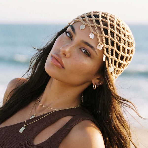 Crochet Beanie Cap - Beige with Shell Charms