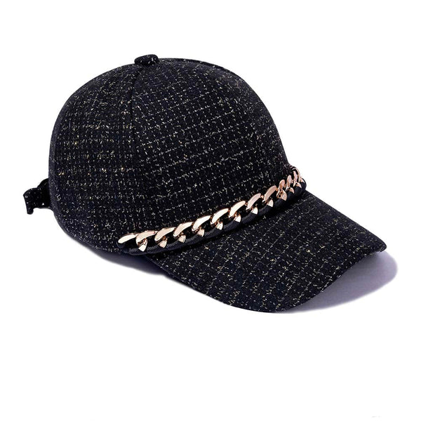 Black Tweed Baseball Cap with Gold Chain