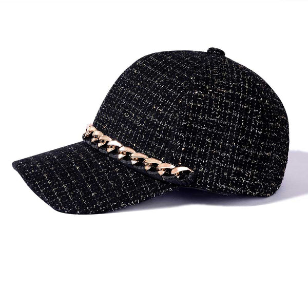 Black Tweed Baseball Cap with Gold Chain