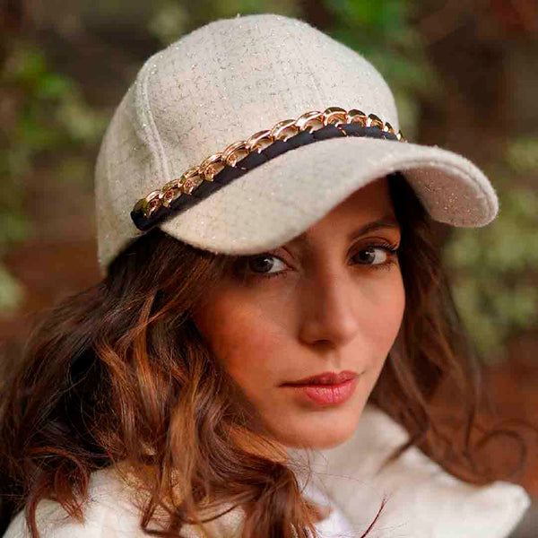 Off-White Tweed Baseball Cap with Gold Chain