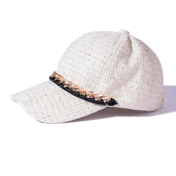 Off-White Tweed Baseball Cap with Gold Chain