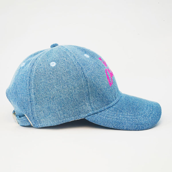 "I Am Drama" Embroidered Denim Baseball Cap - Light Blue