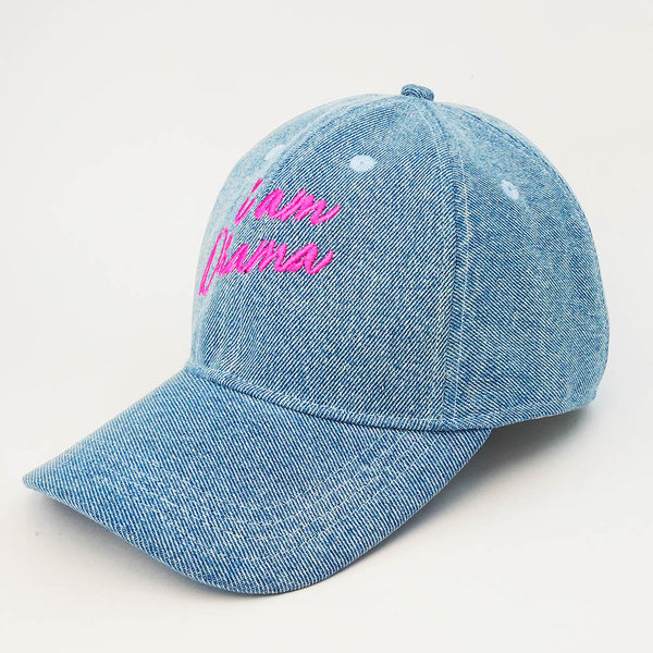 "I Am Drama" Embroidered Denim Baseball Cap - Light Blue