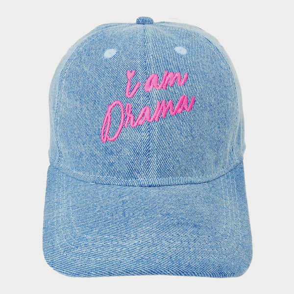 "I Am Drama" Embroidered Denim Baseball Cap - Light Blue