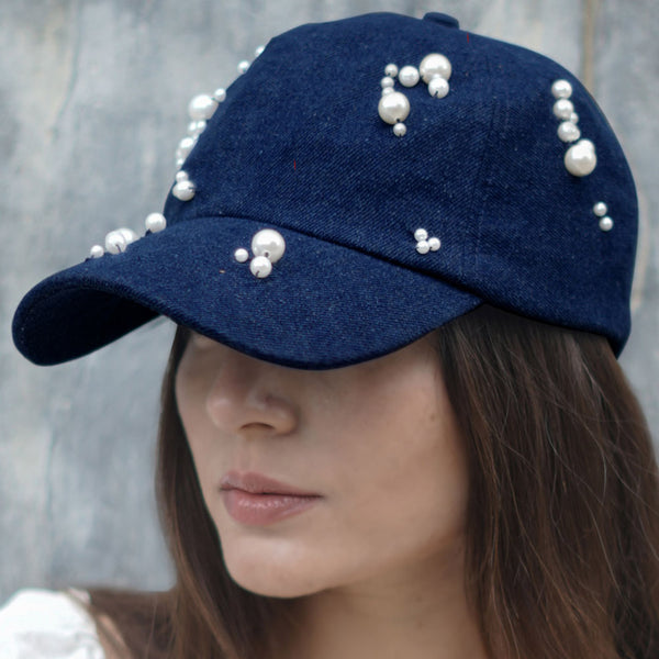 Embellished Denim Baseball Cap - Dark Blue