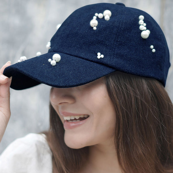 Embellished Denim Baseball Cap - Dark Blue