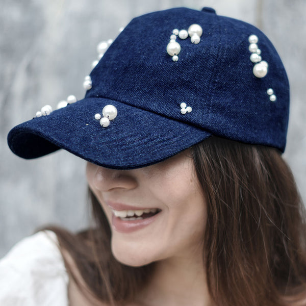 Embellished Denim Baseball Cap - Dark Blue