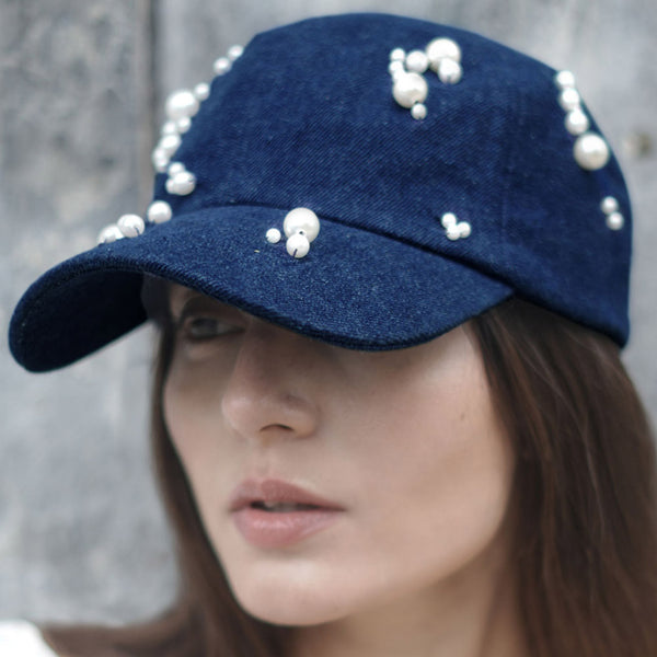 Embellished Denim Baseball Cap - Dark Blue