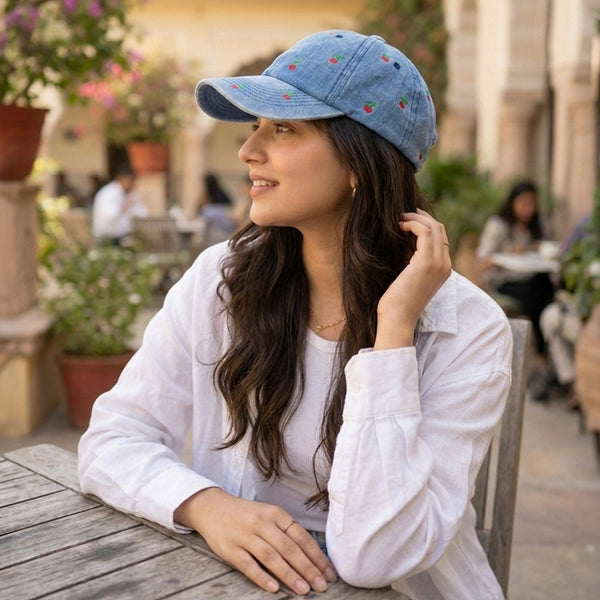 Cherry Embroidered Denim Baseball Cap