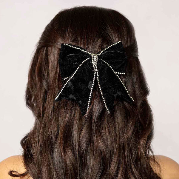 Dazzling Noir Velvet Hair Bow Barrette Clip - Black