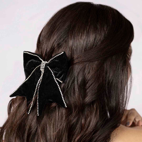 Dazzling Noir Velvet Hair Bow Barrette Clip - Black