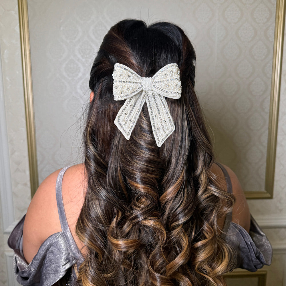 Embellished Crystal & Pearl Hair Bow Barrette Clip