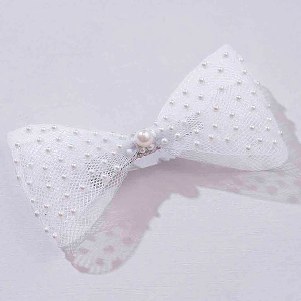 Pearl Mesh Hair Bow Alligator Clip - White