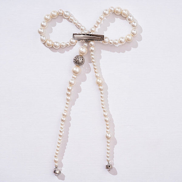 Embellished Pearl Hair Bow Alligator Clip with Silver Stone - Off-White
