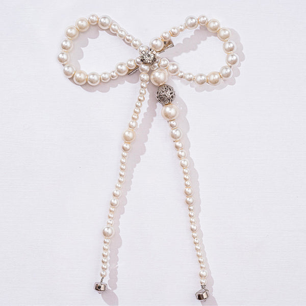 Embellished Pearl Hair Bow Alligator Clip with Silver Stone - Off-White