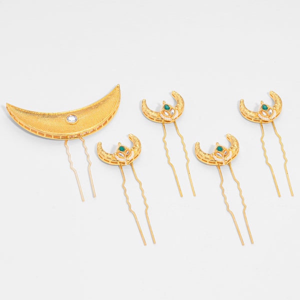 Chaand Mahal Gold Hair Pins - Set of 5 - Green