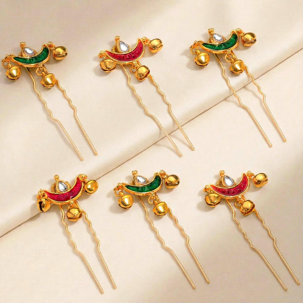 Meher Gold Hair Pins with Ghunghroo - Set of 6