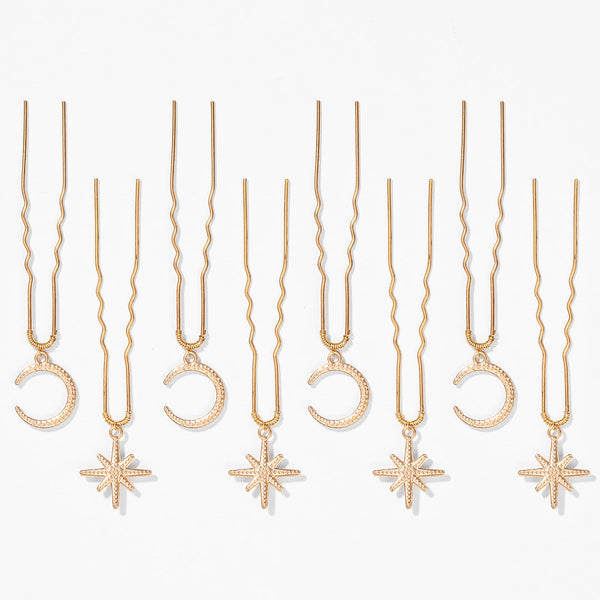 8-piece celestial hair pin set with tiny stars moons styling a romantic wedding guest hairstyle