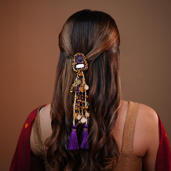 Coin & Mirror Hair Tassels with U Pin - Purple