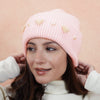 Ribbed Wool Beanie with Pearls & Heart Embellishments - Light Pink
