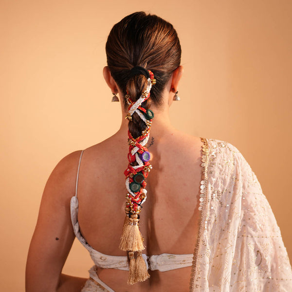 Utsav Mirror Boho Hair Tassels Parandi - Red & White