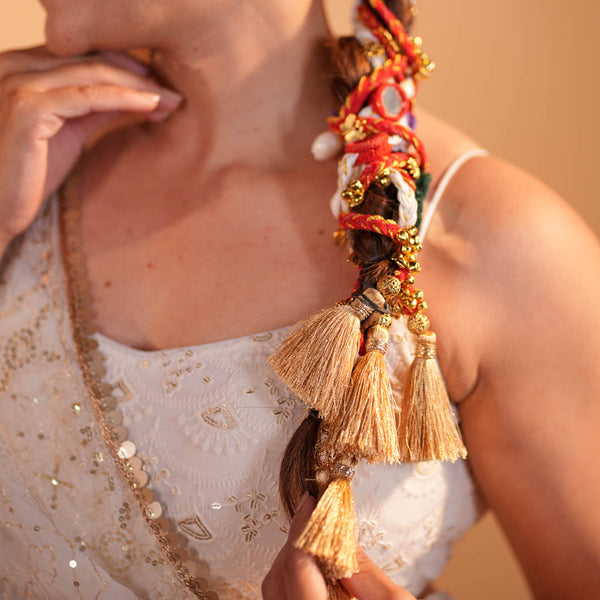 Utsav Mirror Boho Hair Tassels Parandi - Red & White
