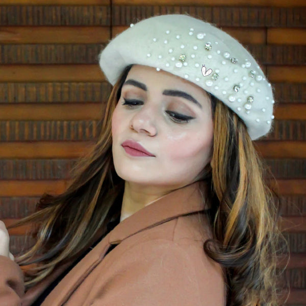 HDC X Emily In Paris White Beret with Pearls, Crystals & Heart Charm