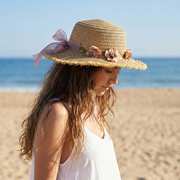 Tan Woven Straw Flat Brim Hat with Removable Bow Ribbon