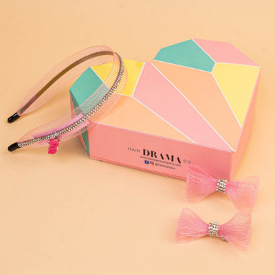 Barbie Crystal Mesh 3 Pieces Gift Box with 1 Hair Bands & 2 Hair Bows - Pink