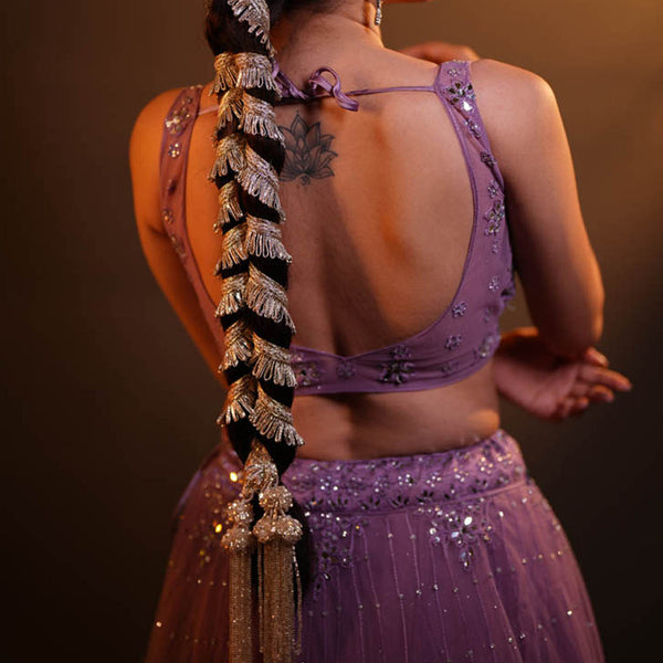 Metallic silver parandi with cascading tassels and beaded detailing - bridal braid accessory