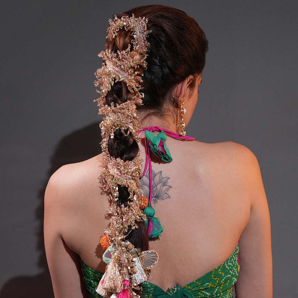 Wedding parandi hair accessory with mirror tassels and vibrant silk threads for fuller braids