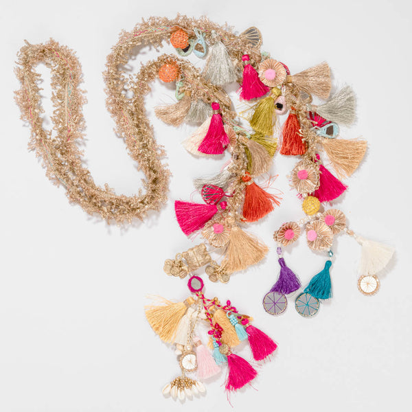 Multicolour parandi hair accessory with kota flowers and lace tassels for fuller festive braids