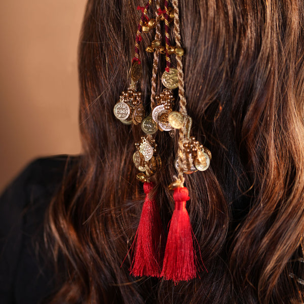 Coin & Mirror Hair Tassels with U Pin - Red