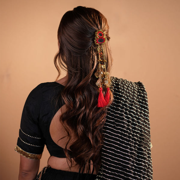 Coin & Mirror Hair Tassels with U Pin - Red